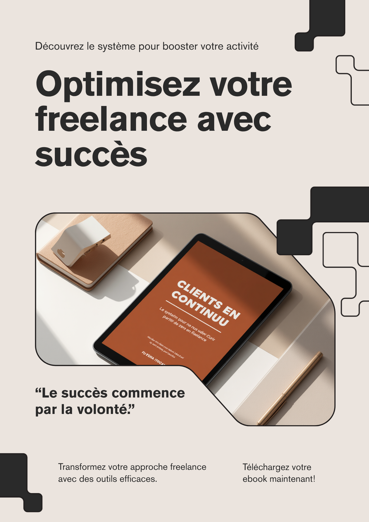 Mockup iPad Clients en Continu - style minimaliste premium beige et blanc