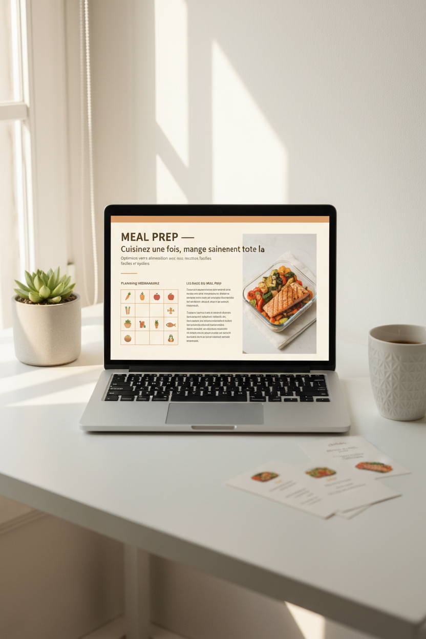 Guide Meal Prep affiché sur MacBook, bureau blanc minimaliste