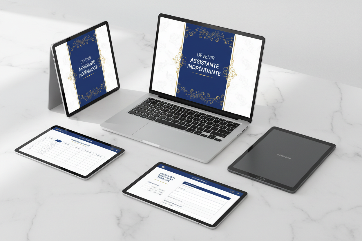 Mockup complet — MacBook + iPad + Tablette + pages intérieures